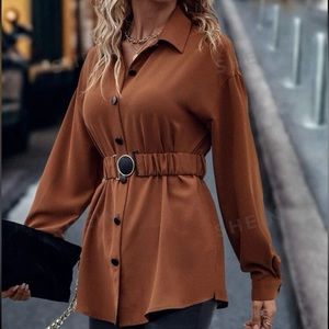 NWOT Shein Drop Shoulder Button Front Belted Shirt - Rust Brown Sz L